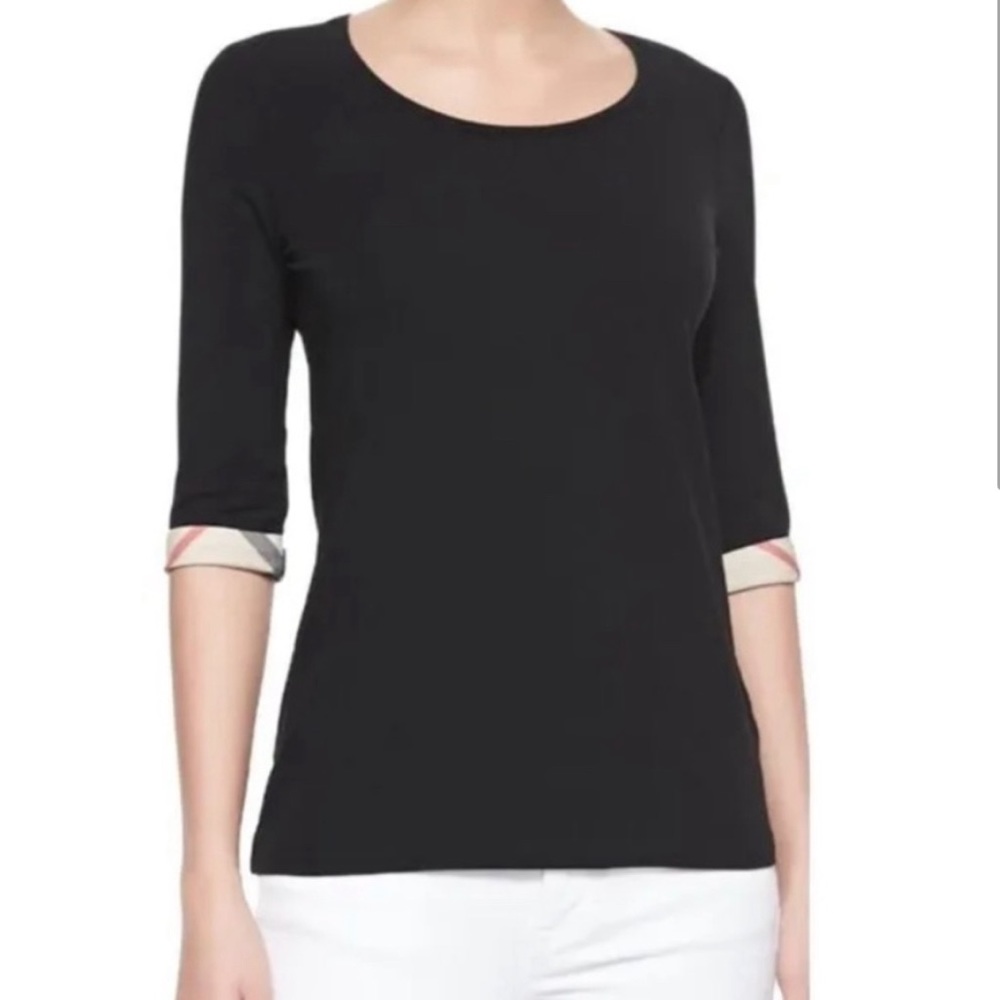 Burberry Scoop Neck Three Quarter Sleeve Tee with Check Cuffs